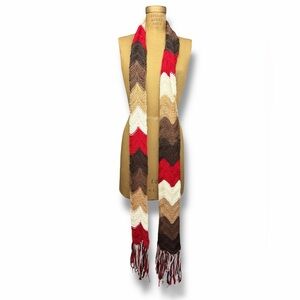 Vintage 2003 Old Navy Long Chevron Knit Scarf w/ Fringe--Red, White, Brown